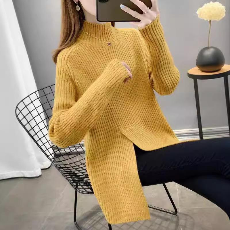 Autumn/Winter Mid Length Sweater Half High Collar Pullover Sweater Women's Knitted Sweater