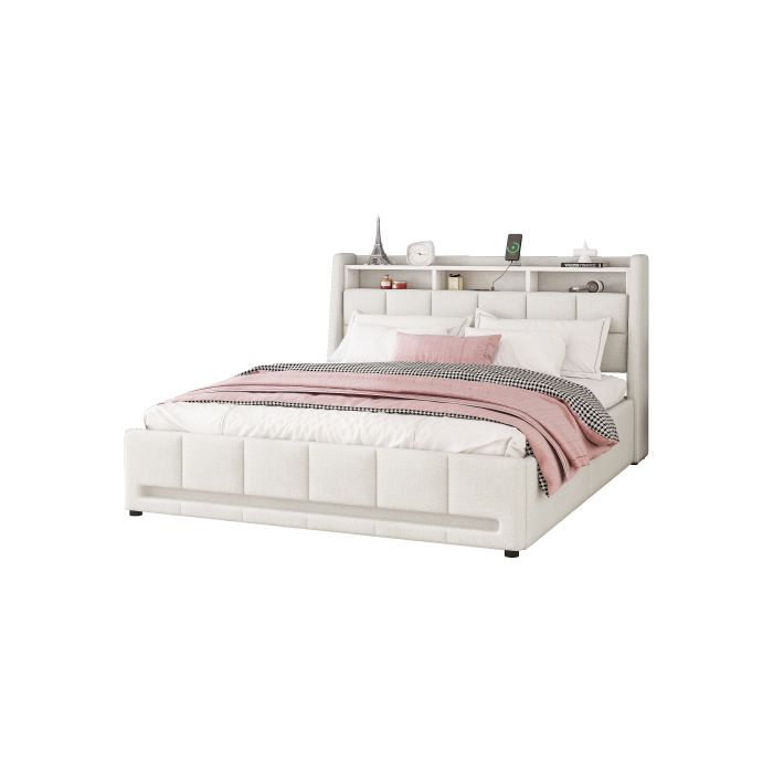 Lit - MUVOE - 140 x 200 cm - Rembourré en lin beige - Éclairage LED - Prise USB intégrée