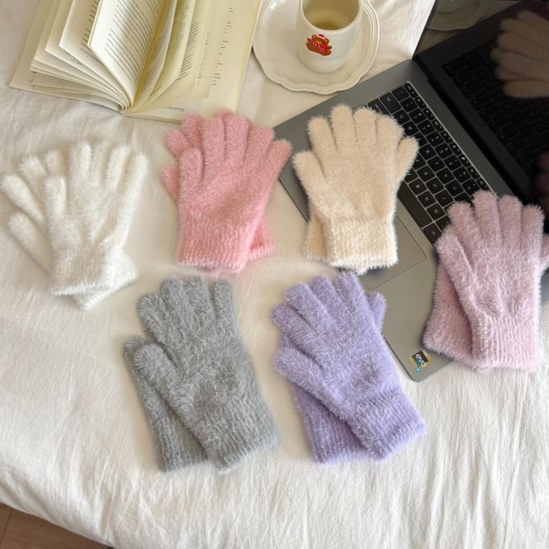 Imitation Mink Fur Knitted Gloves Winter Warm Thick Velvet Five Finger Gloves Women Outdoors Cycling Solid Color Mittens