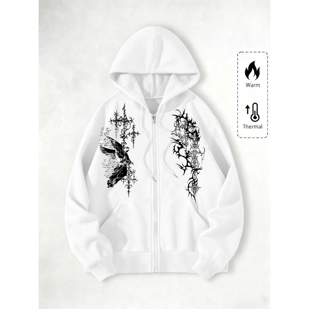 

Худі на блискавці в темному стилі коледжу з принтом ангела та кольоровими штрихами, модне вуличне худі на блискавці, підходить для повсякденних випадків M