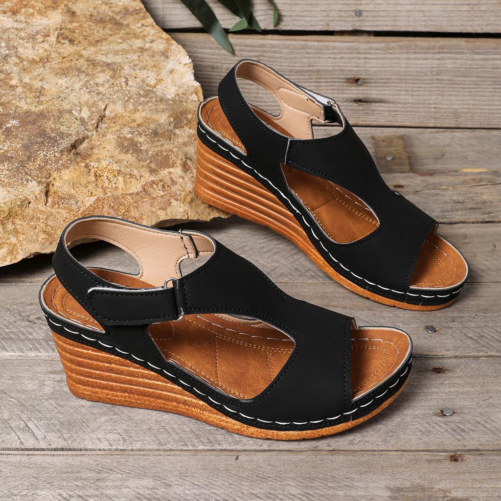 Fashion New 2025 European and American export large-sized sandals with stitching, breathable Velcro and hollowed-out wedge heels