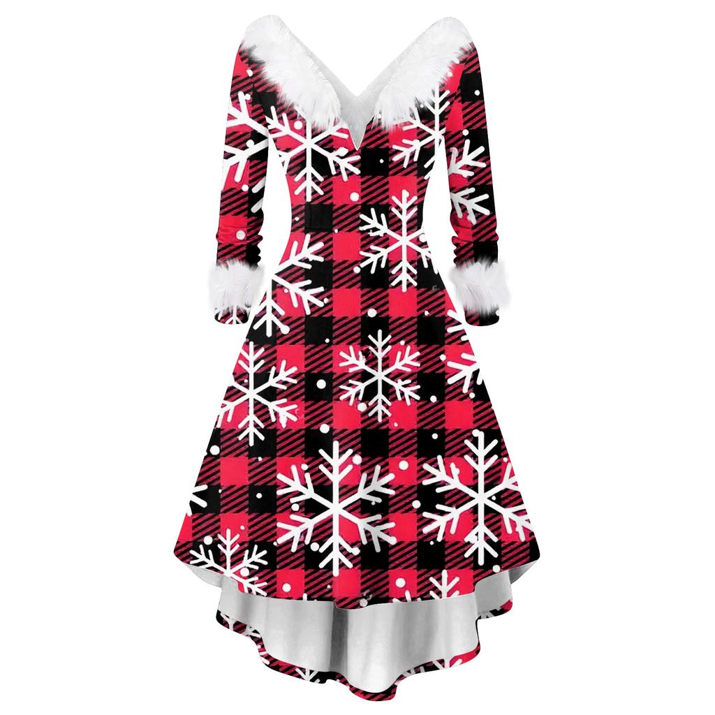 Women's Fashion Casual V-Neck Christmas Print Long Sleeve Dress