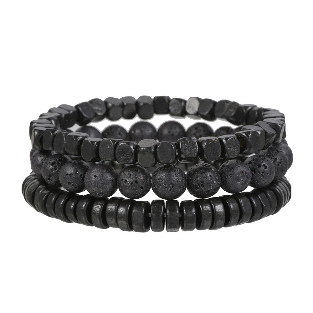 Bracelet Jewelry, Black Gallstone, Volcanic Stone, Wooden Beads, Multi-layer Men's Bracelet Combination Set, Elastic Bracelet.