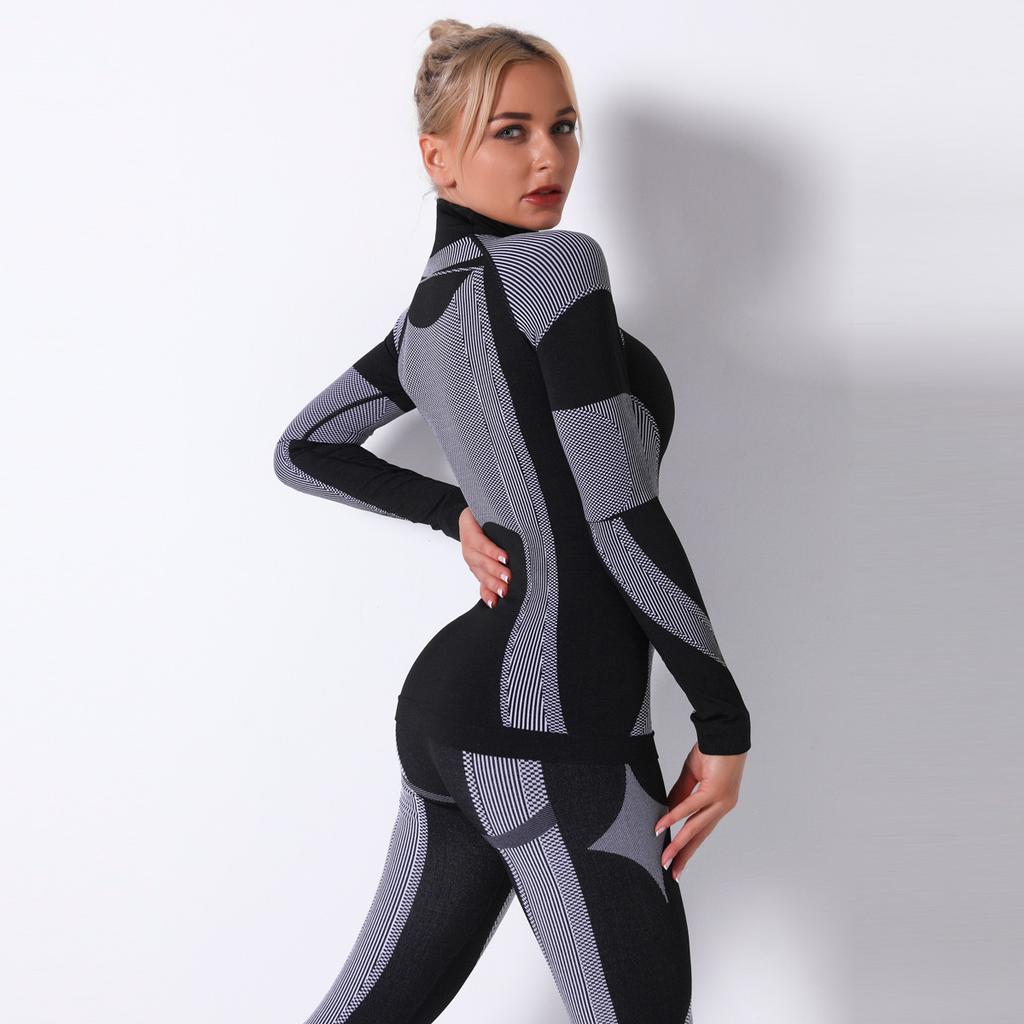 Seamless Knitted Striped Quick-drying Yoga Wear Long-sleeved Tops Sports Running Fitness Wear