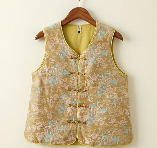 

Chinese Spring Frog Button Tang Suit Women s Jacquard Vest: Sleeveless National Style Waistcoat 3XL (141-150 lbs) жовтий