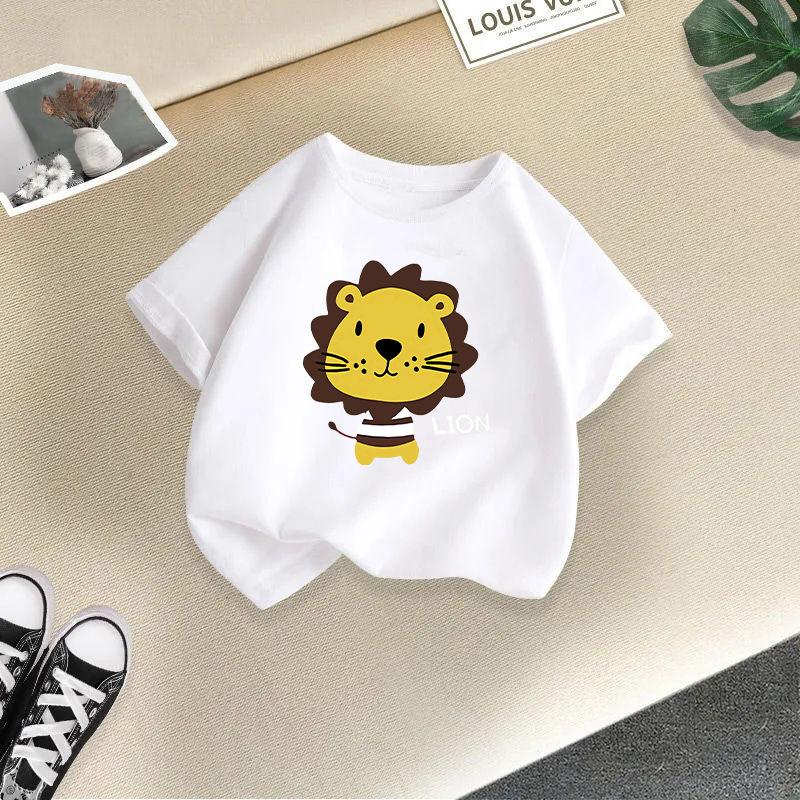 Dziecięcy T-shirt Urocze Zwierzęta Nadrukowane Dzieci 100% Bawełna Bluzki 2-13L Luźny Krój Casual O-Neck Krótki Rękaw T-shirt