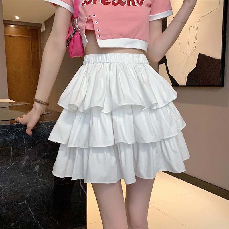 Black and White Check Cake Skirt Women's Elastic Waist A-word Ruffle Edge Pleats Puffy Skirt Sexy Sweet Gothic Preppy Style Spring Summer