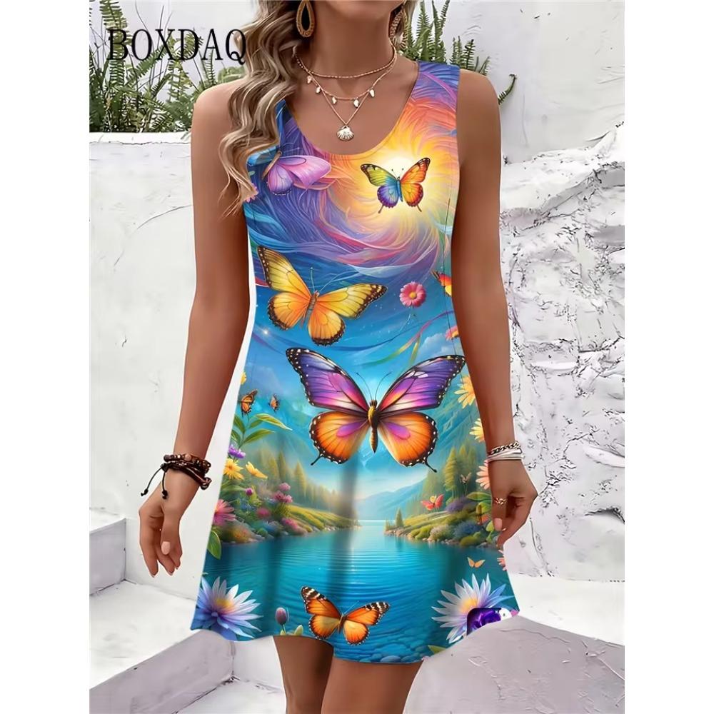Summer Sleeveless Dress Women Fashionable Colorful Flowers Butterflies 3d Print Versatile Mini Dresses Comfortable Plus Size 8XL Soft Breathable Dress