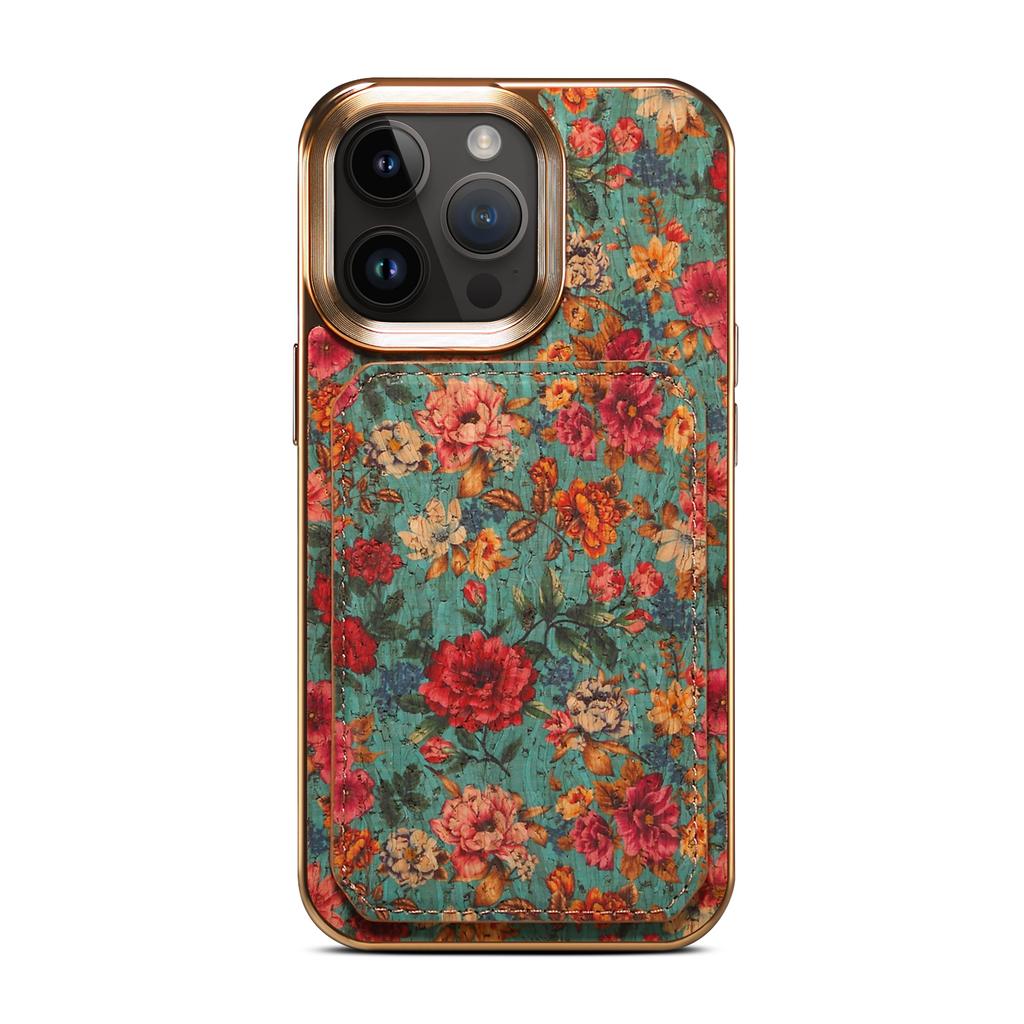 For iPhone 15 Pro Max Card Slots Kickstand Phone Case PU Leather Coated PC+TPU Flower Pattern Printed Cover