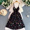 Gentle wind sweet embroidery floral dress women's summer seaside vacation wind V-neck waist thin A-word suspender skirt