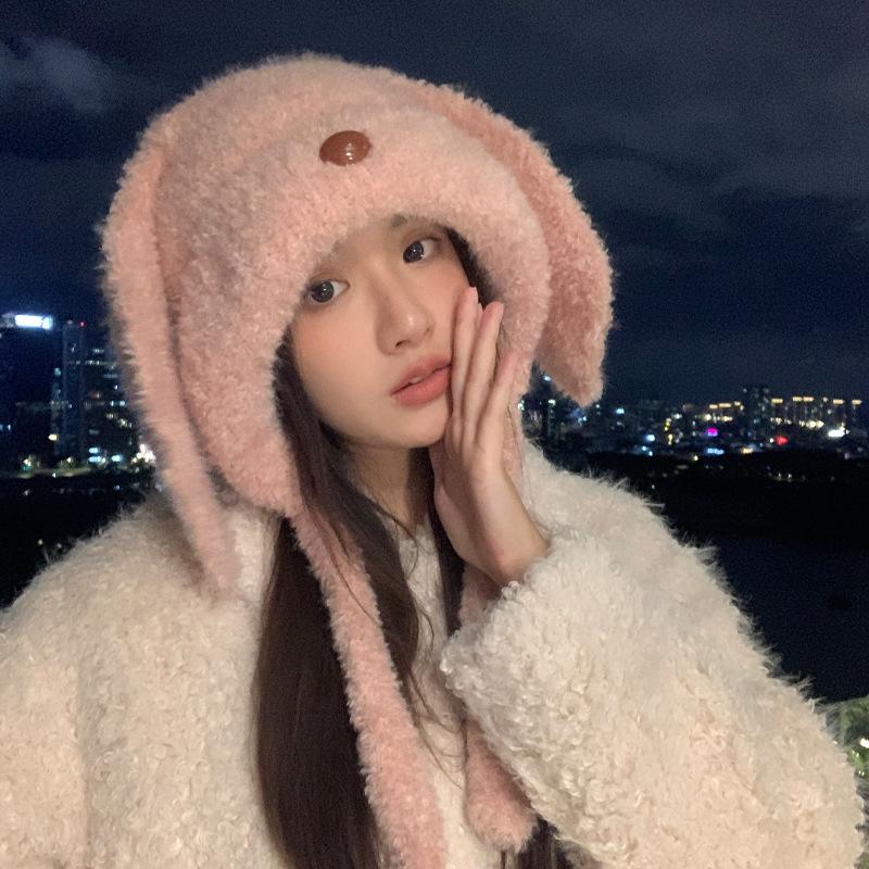 Winter Hat Female Long-eared Rabbit Velvet Thermal Hat Ear Protector Cute Fashionable Versatile Knitted Fluffy Hat
