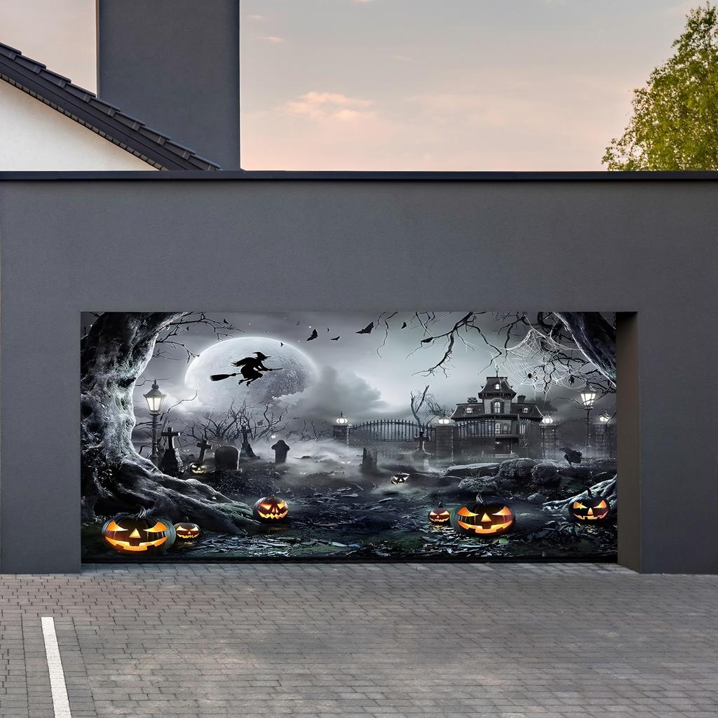Large Halloween pumpkin outdoor garage door tapestry - Polyester fabric for horror parties and home decorationDJH