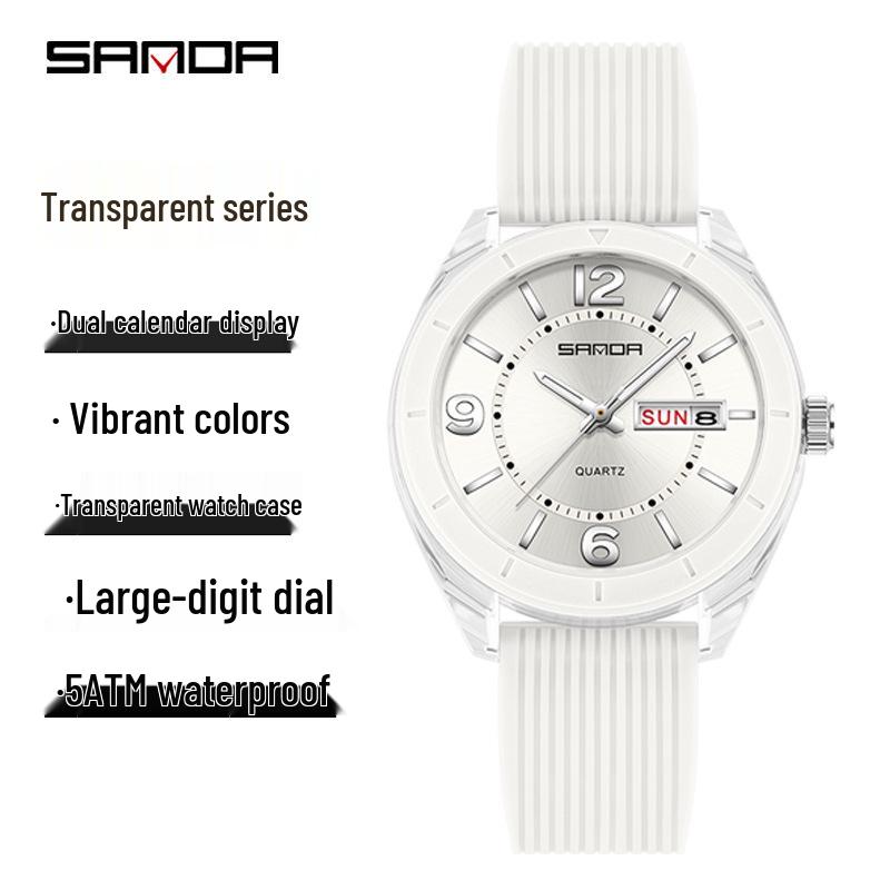 Orologio Sanda Dual Calendar al Quarzo da Studente con Lancette Luminose, Impermeabile, alla Moda, Cassa Rotonda Trasparente
