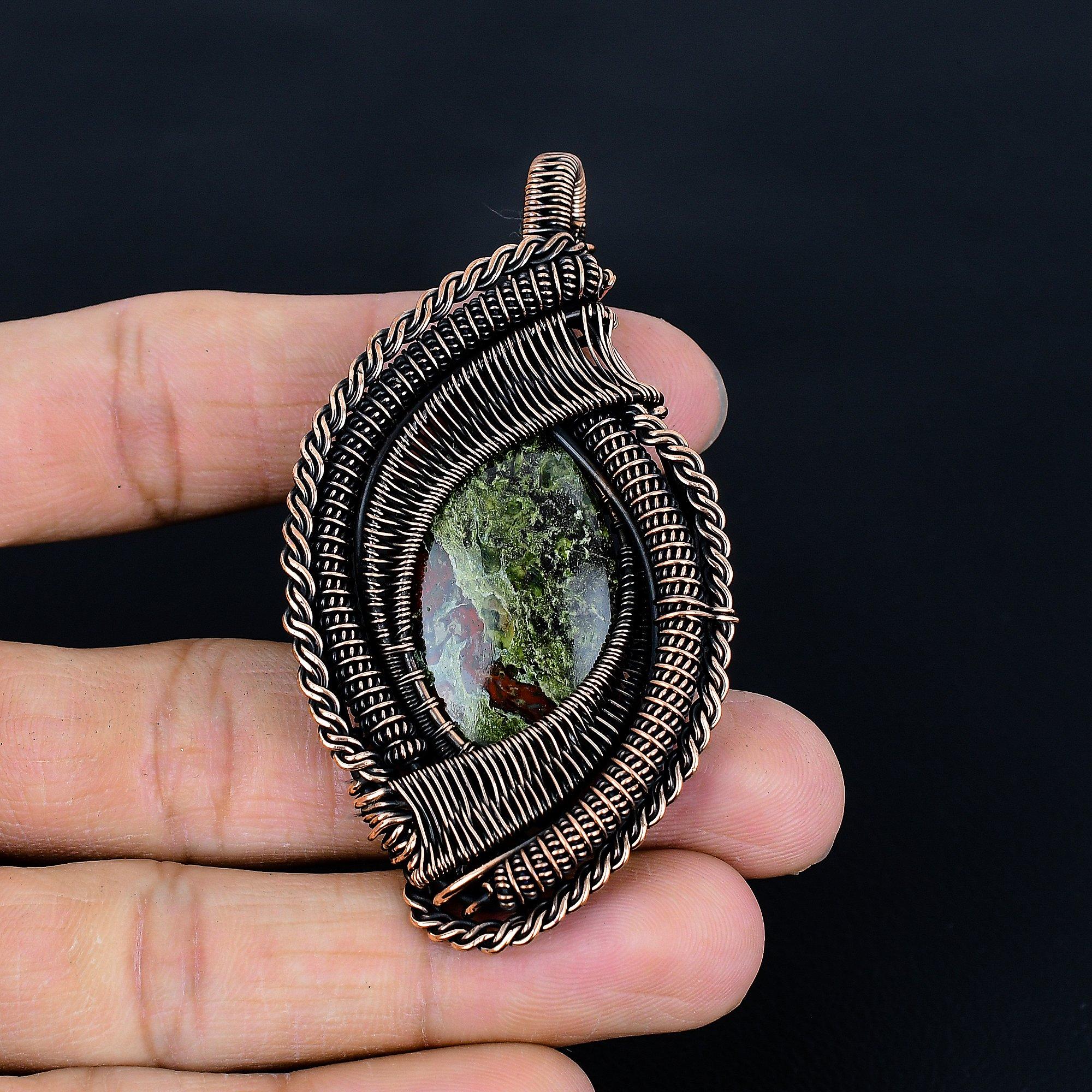 

Dragon Blood Stone Pendant, Handmade Gemstone 999 Copper Wire Wrap Pendant Antique Jewelry, For Gift Copper Jewelry 2.95 Inches зелёный