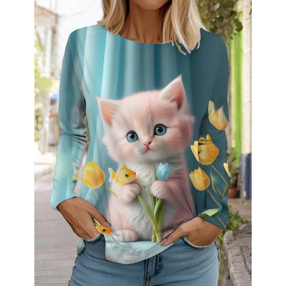 

Cute Cat 3D Digital Printed Women s Personalized Trendy Round Neck Long Sleeved T-shirt 3XL шар голубой