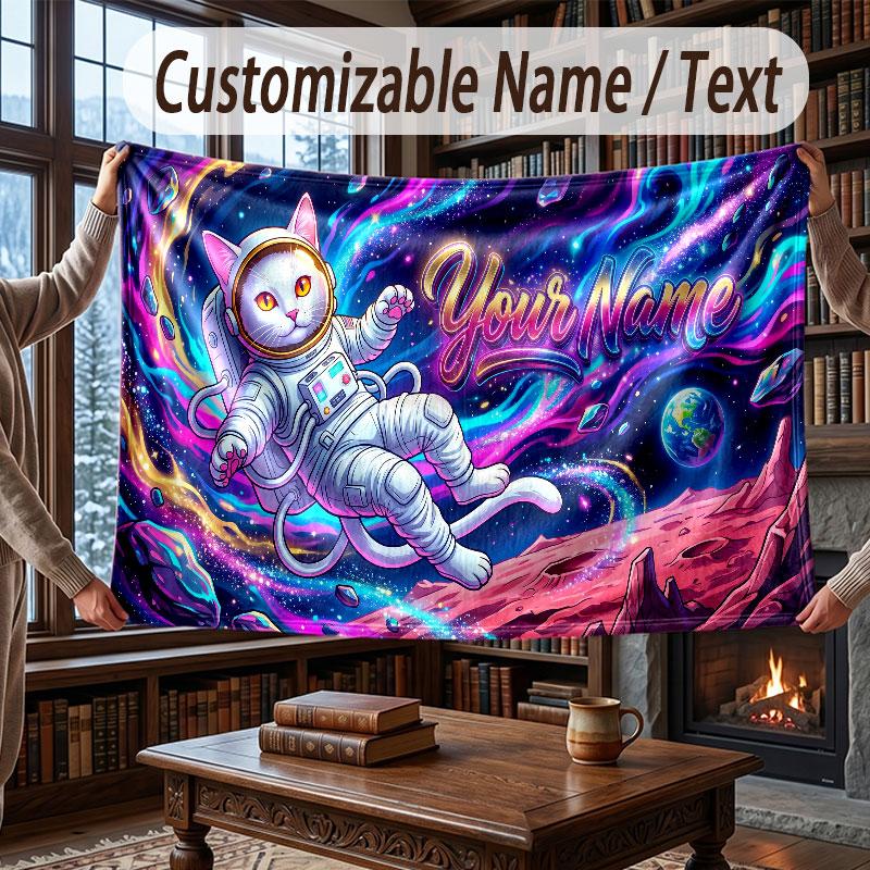Cat Theme Throw Blanket Custom Name Text Personalized Blanket Soft Cozy Blanket for Home Sofa Bed