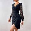 Spice Girl V-neck Lace Mesh Sleeve Dress, Waist Fold Irregular Slim Fit Hip Wrap Small Black Dress
