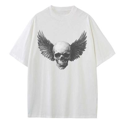 Sommer Baumwoll T-Shirt Grafik T-Shirts Baggy Überschnittene Schultern Übergroß Kurzarm Design Kleidung Flügel Totenkopf Grafik Oberteile