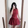 Summer French Small Man Sweet Wind Temperament High Sense Cherry Red Rabbit Ear Shirt Collar Lace Up Bud Dress