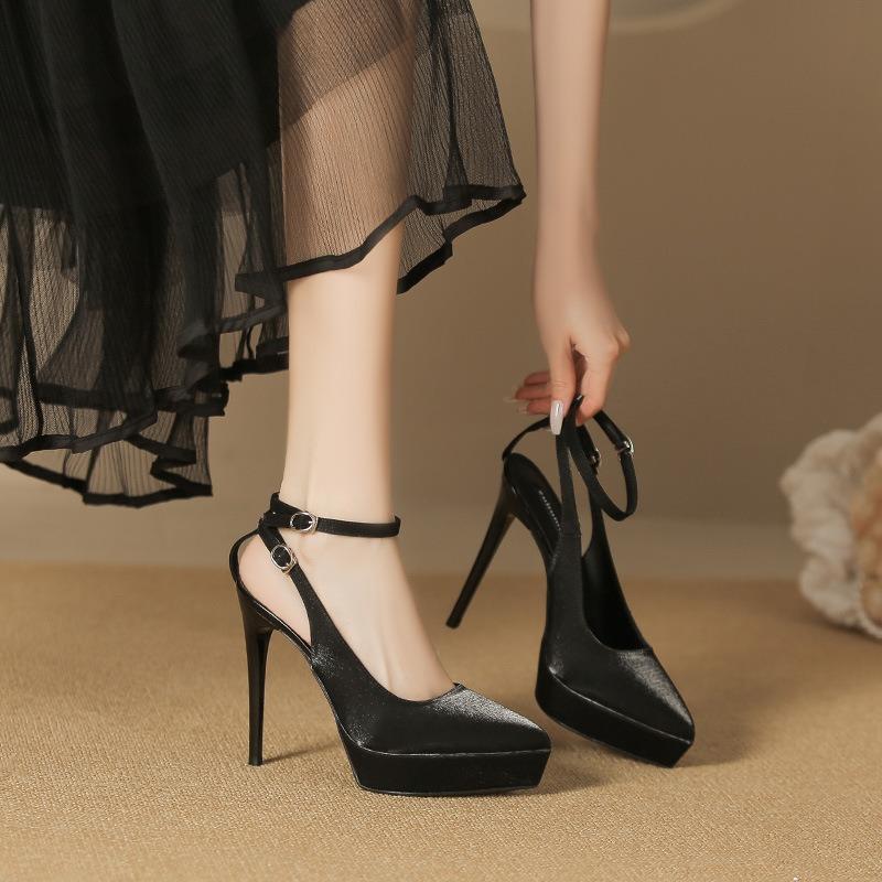 3-1 one-word bag head sandals pointed tip stiletto high heels waterproof table super high heel satin single shoes are not tired