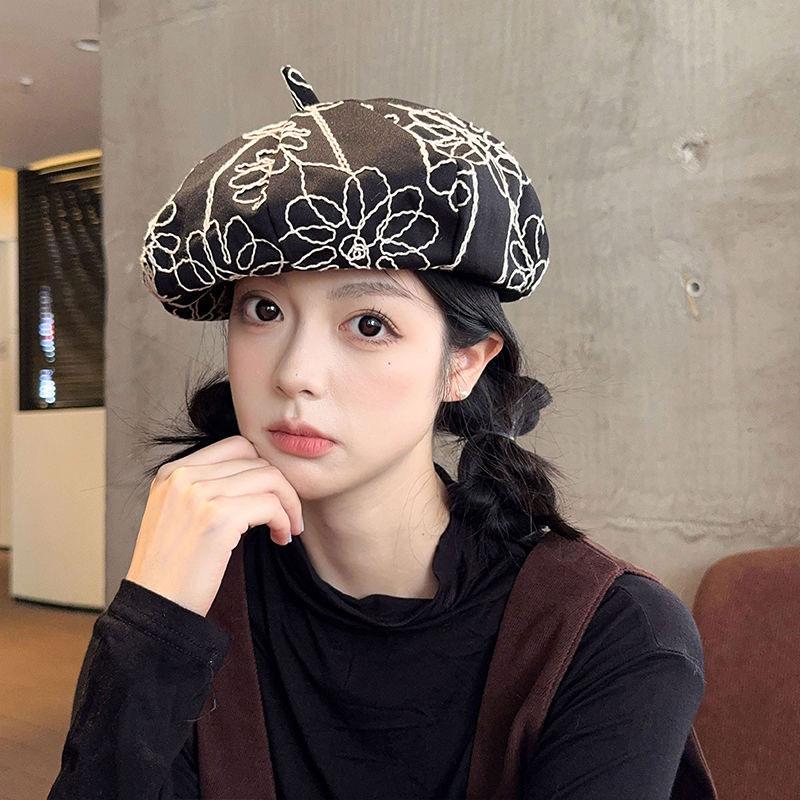 Pălărie nouă de dovleac pălărie retro în față copii primăvară și toamnă casual versatilă broderie cu flori beretă modă
