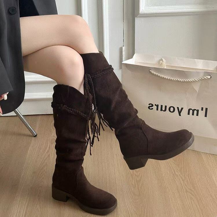 2025 Herbst Retro Stiefel Quasten Ritterstiefel Damen Dicke Ferse Aber Kniestiefel Schmale Plüschstiefel Hohe Stiefel Damen