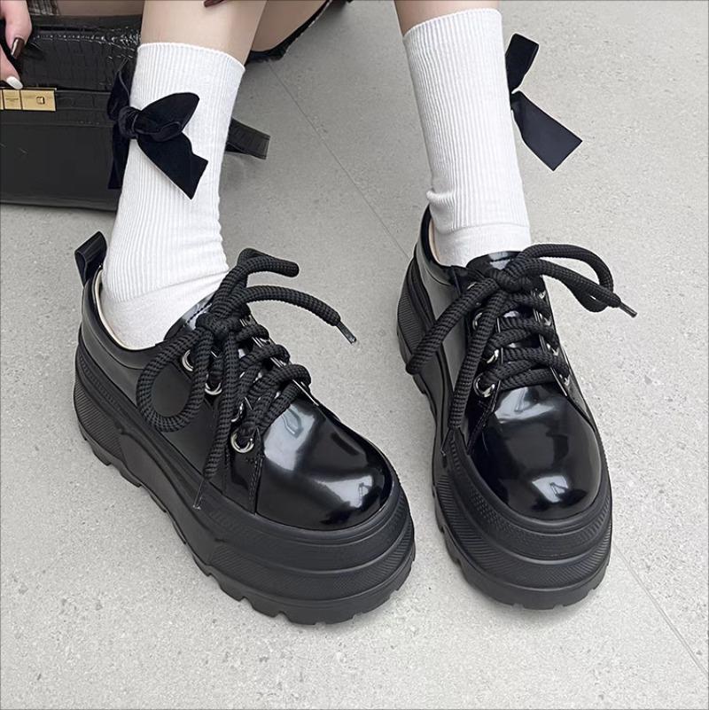 Britisches Stil 8cm Höhenerhöhung Slipper Neue Dicksohlige Schnürlederpumps Schwarz Klobiger Absatz Mary Jane Einzelne Schuhe