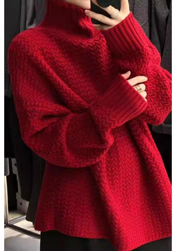 Women's European-Style Red Wool Sweater, High Neck, Loose Fit, Thick Jacquard Knit, Cashmere Base Layer Top