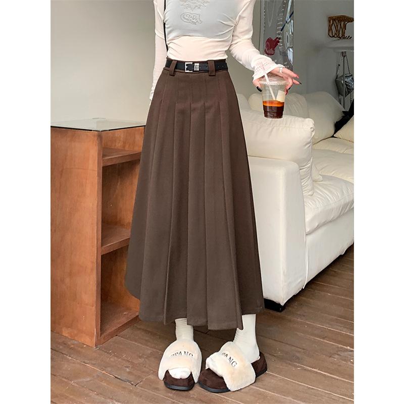 Vintage College Woolen Pleated Skirt Women's Autumn and Winter High Waist Skirt Versatile Umbrella Skirt Medium and Long Skirt