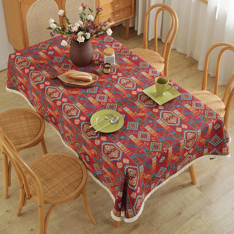 Bohemian Style Cotton Linen Tablecloth With Tassels Long Rectangle Decorative Dining Table Cover Anti-Slip Heat Resistant