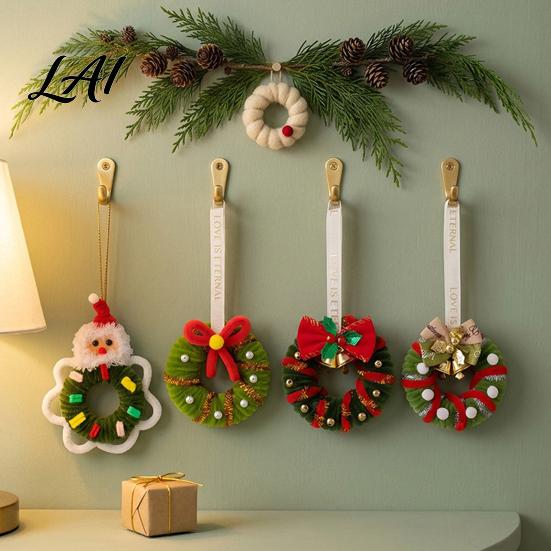 Plastic Festive Pendant Handmade Pipe Cleaner Christmas Wreath Ornament Chenille Stems Mini Holiday Gift for Family Crafts with Bow Bells Window