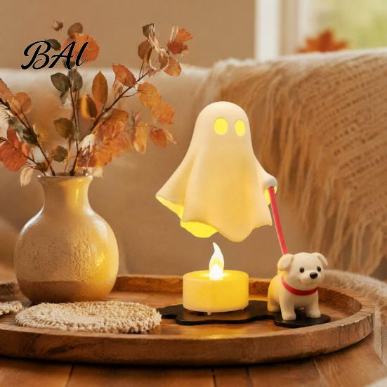 Whimsical Room Accessories Halloween Ghost Walking Dog Figurine, Cute Spooky Statue with LED Candle, 3D Printed Tabletop Ornament for Holiday