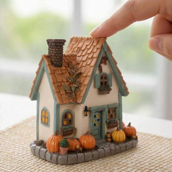Kürbishaus Miniatur, Harz Herbsternte Dekoration mit handgeschnitzter Kacheltextur und Kürbisdetails, Retro Britisches Holzhaus für Halloween