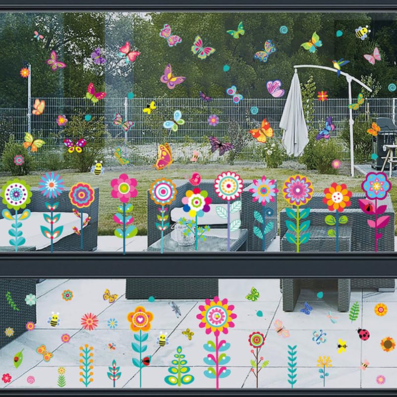 Amosfun Set Spring Window Static Flower and Butterfly Spring Window Glass Window Interior Window Wall Stickers 9-Piece Stickers Decals, Decoration,