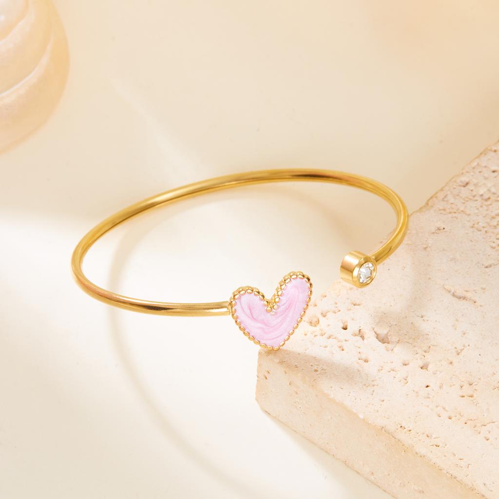 Stainless Steel Love Heart Shape Open Bracelet For Women Gold Plated Crystal Zircon Exquisite Open Bangle Waterproof Jewelry