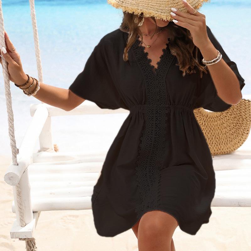Copricostume da Spiaggia da Donna in Pizzo Spliced Seta Ghiacciata, Manica Corta