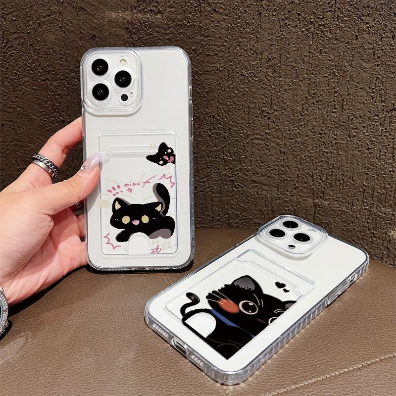 Cartoon Black Cat Printed Soft TPU Clear Shockproof Casing Protective Cover Transparent Full Back Case with 1 Card Slot Holder