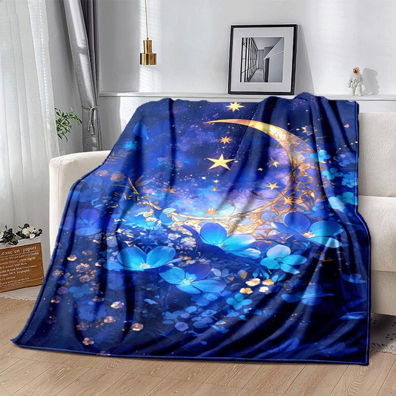 1pc Moon Printing Lightweight Flannel Blanket, Comfortable and Warm Blanket, for Camping Sofa Bed and Couch Office, in All Seasons