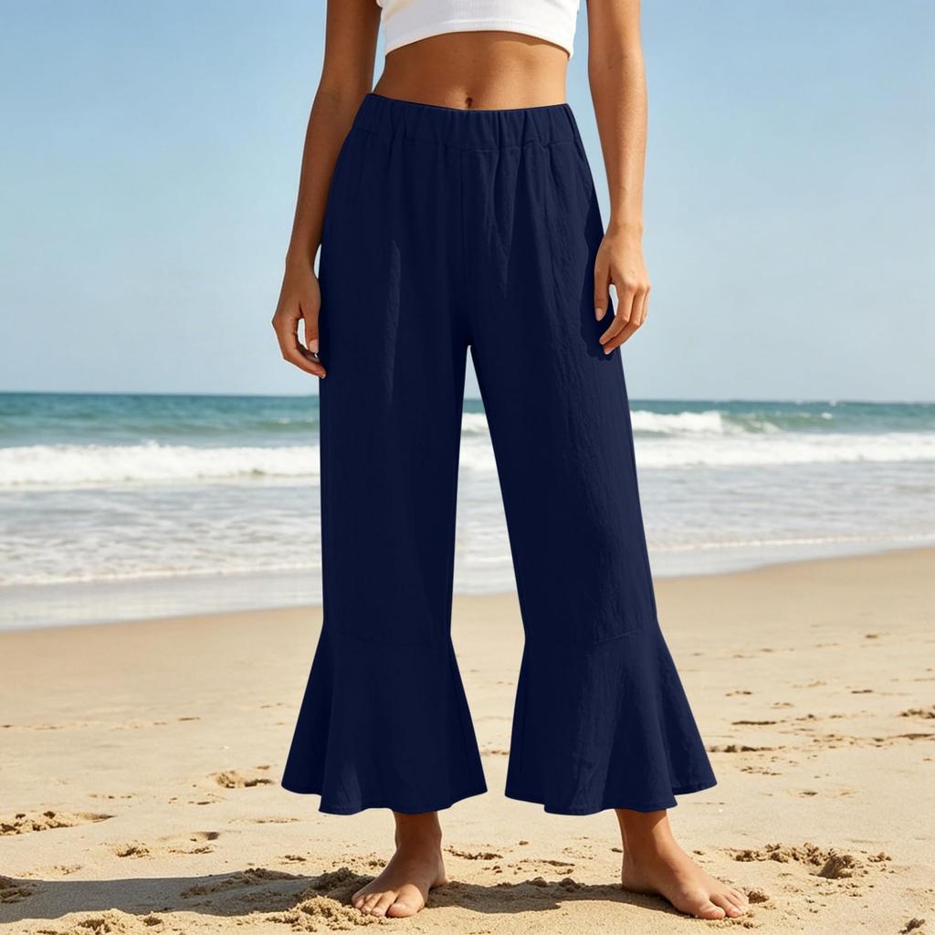 Damen Sommer Lässig Elastischer Bund Weites Bein Schlagende Caprihosen Strand Lockerer Schnitt Leicht Atmungsaktiv
