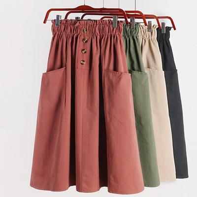 Women Casual Skirt Elastic High Waist A-Line Skirt with Large Hem Solid Color Buttons Decor Pockets Midi Skirt