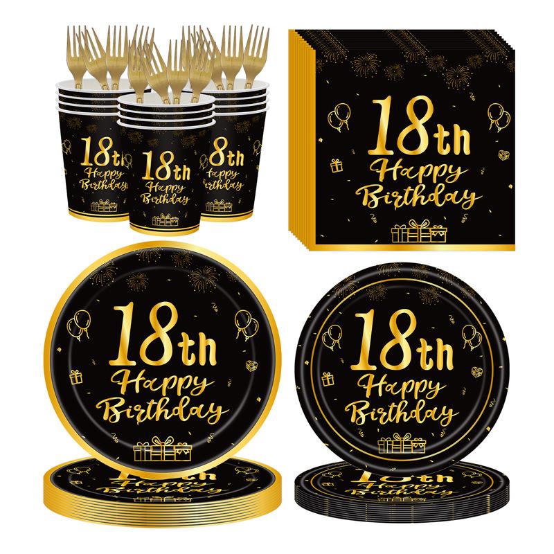 Black Gold 18th Birthday Disposable Tableware Cheer 18 Years Old Plates Napkins Happy Eighteen Birthday Party Decor Tableware