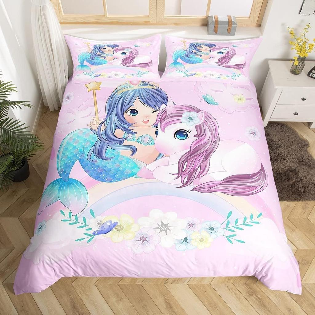 Cute Cartoon Mermaid Duvet Cover Twin Queen Ocean Themed Bedding Set Mermaid Princess Comforter Cover For Kids Girls Room Decor