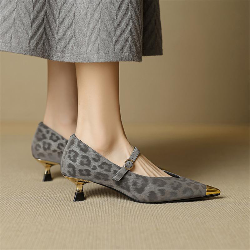 Fashion New Summer Split Leather Women Pumps Shoes for Women Fashion Leopard Print Metal Pointed Toe Mary Jane Shoes Women Ladies Shoes