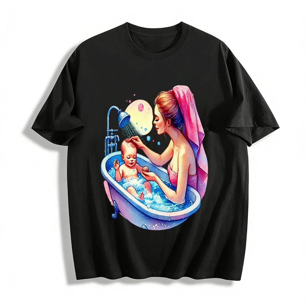 Warm Parent-Child Bath Time Printed Adult T-Shirt Pure cotton T-shirt XXS