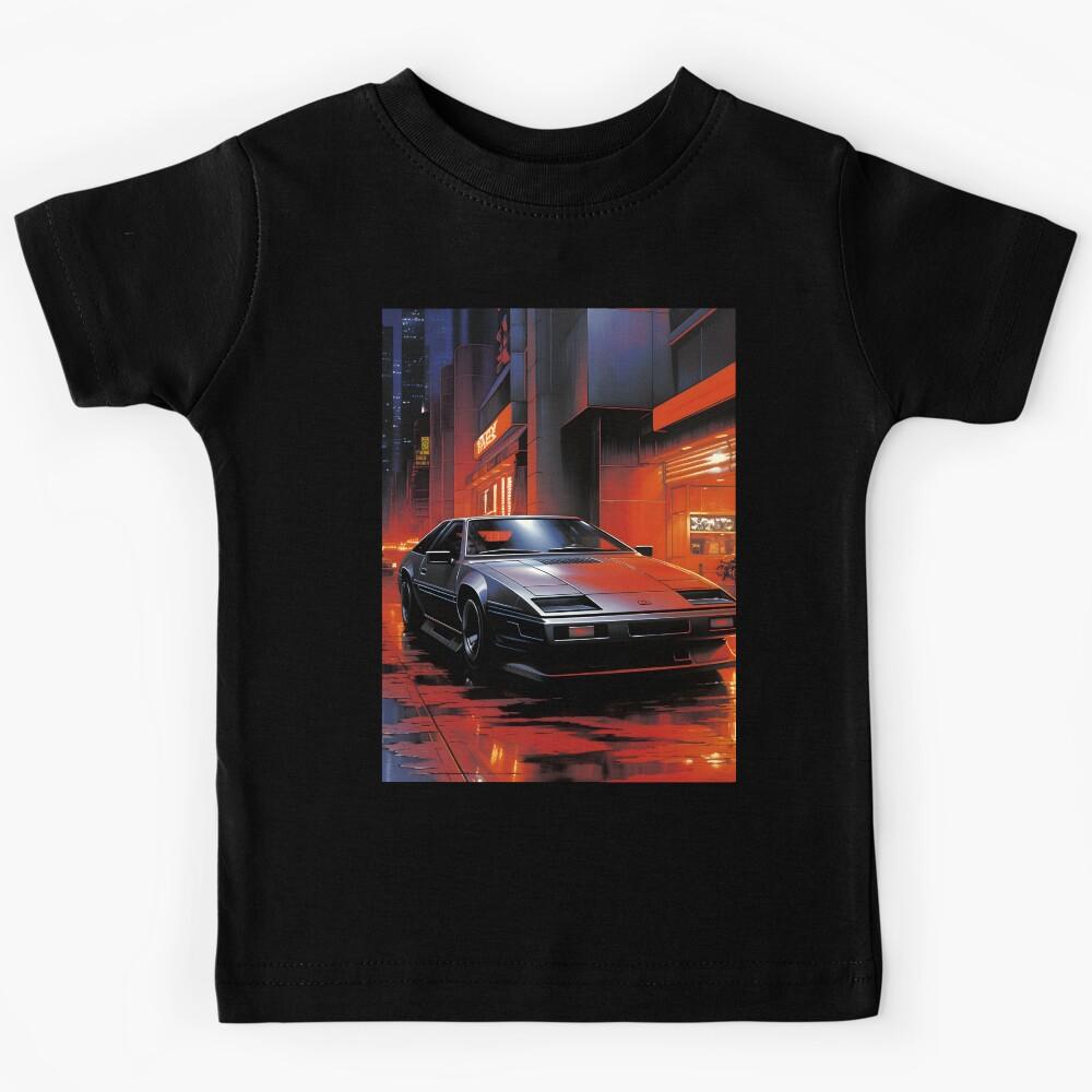 Gray Retro Futuristic Cyberpunk Sports Car on a Night and Dark City Street with Neon Lights Kids T-Shirt 150