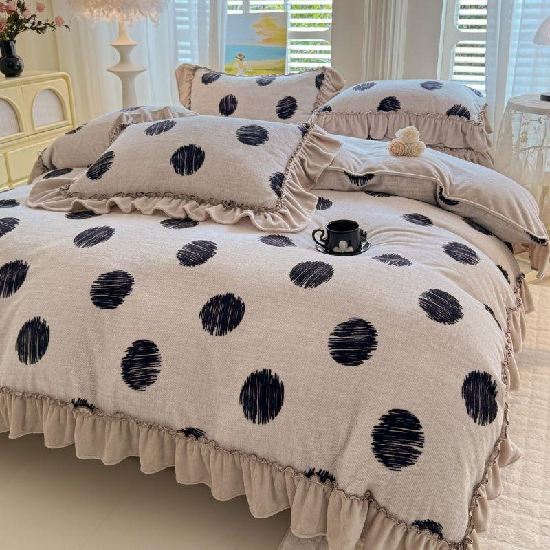 G5Z Winter-Samt Prinzessinnen-Spitzen Bettwäsche-Set - Flanell Bettdecke und Laken, Koralle, Vierteilig.