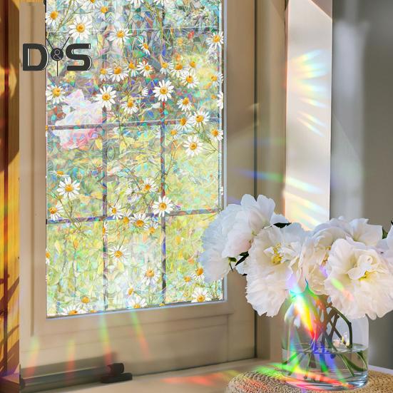 Folia Prywatnościowa na Okno Tęczowa Wodoodporna Statyczna Przyczepność Bez Kleju Naklejka ze Wzorem Kwiatowym do Domowych Szklanych Okien Dekoracja Sypialni Salonu
