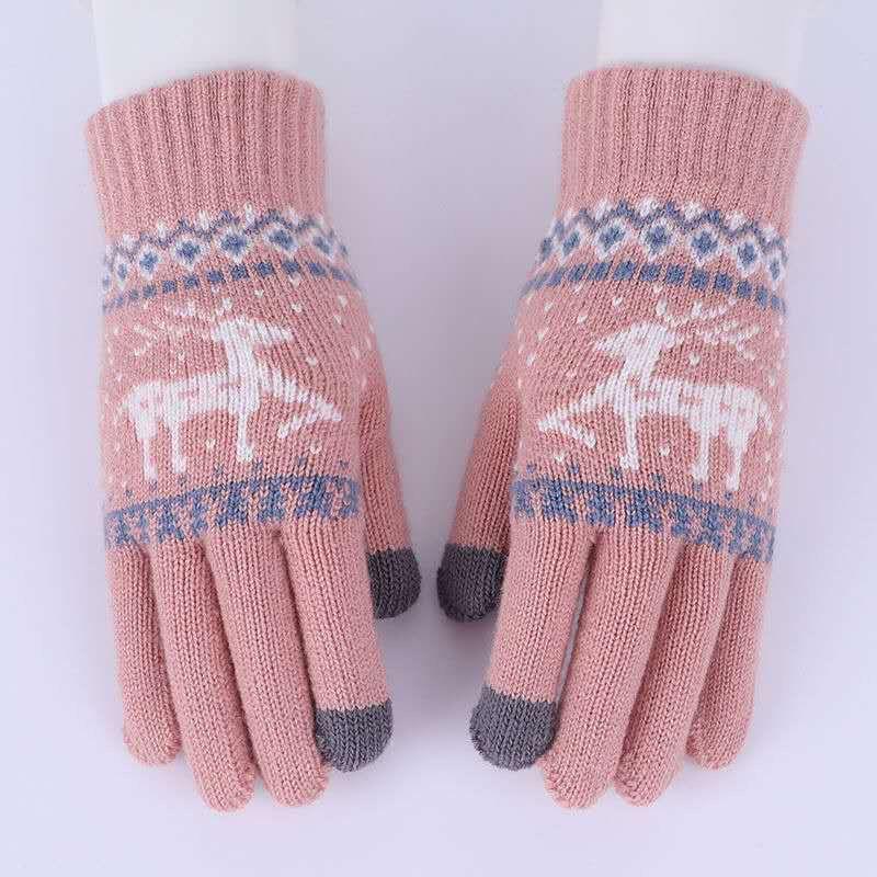 

Fleece-lined Deer Women s Five-Finger Wool Cartoon Korean Gloves Double Fleece-lined Pink One size