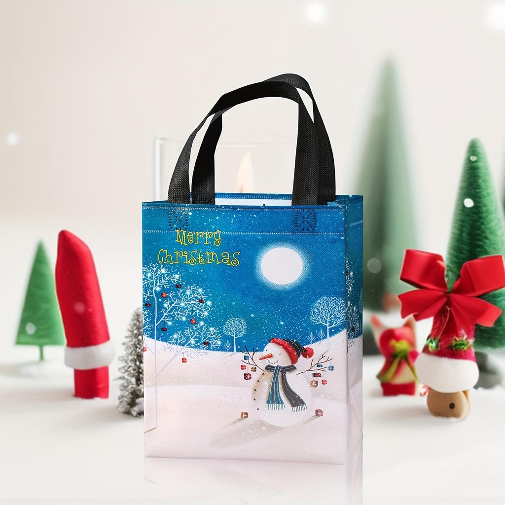 Christmas Gift Bags with Gift Tags, Large Reusable Shopping Totes, Festive Santa, Tree, Snowman "Merry Christmas" Design