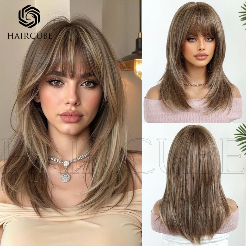 European Style Brown Medium Long Wig with Full Bangs for Women - High-Temperature Fiber